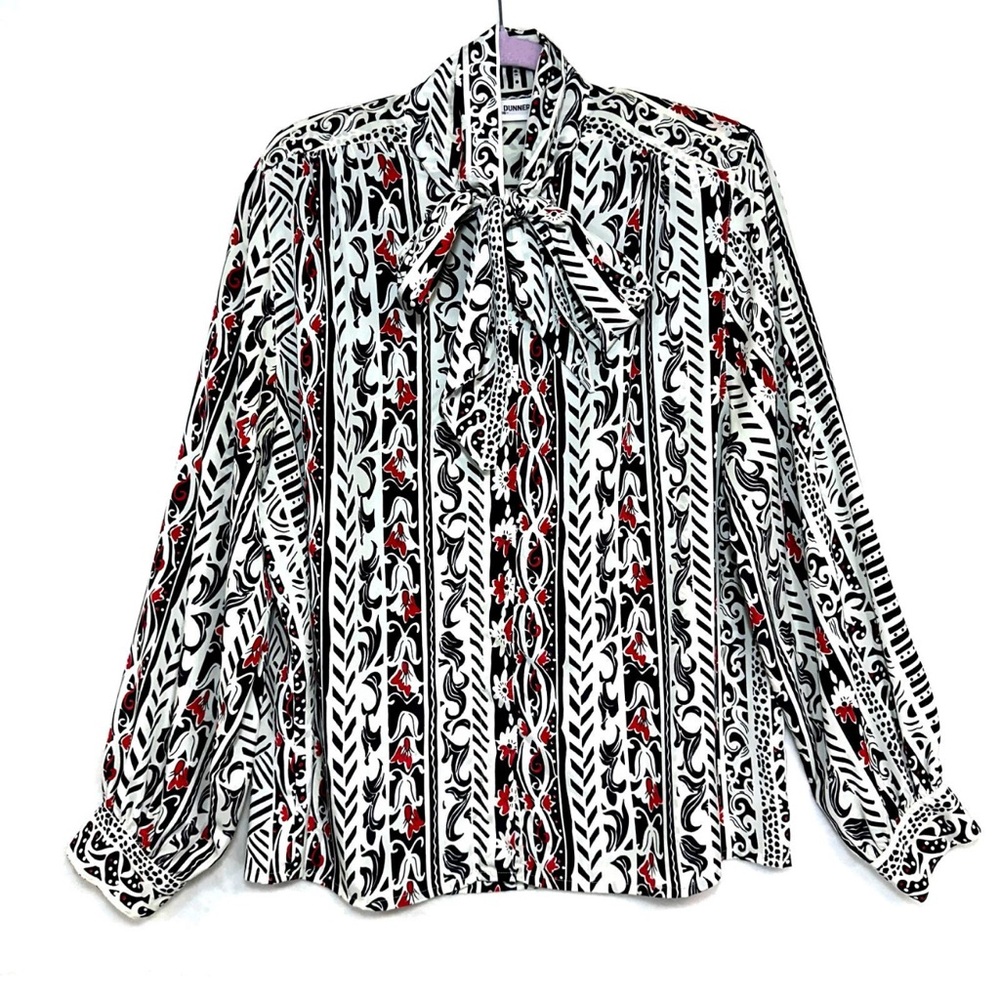 Alfred Dunner Black and White Long Sleeve Tie Front Blouse size 14
